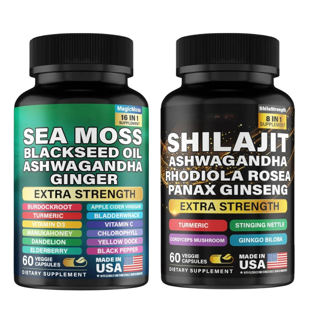 Shilajit and Sea Moss Combo - Sea Moss and Shilajit Bundle with Ashwagandha Black Seed Turmeric Bladderwrack Burdock Black Pepper with Vitamins and Antioxidants - 120 Veggie Capsules
