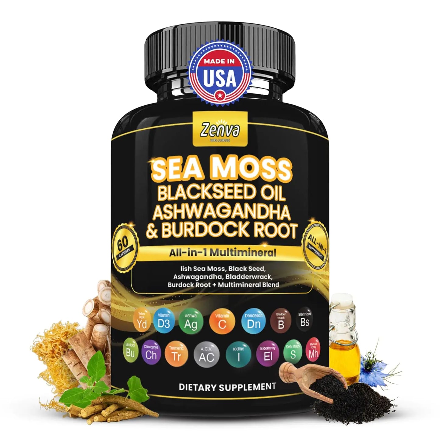 Sea Moss Black Seed Oil Ashwagandha Ginger Burdock Root Capsules Multimineral Seamoss All in One