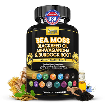 Sea Moss Black Seed Oil Ashwagandha Ginger Burdock Root Capsules Multimineral Seamoss All in One