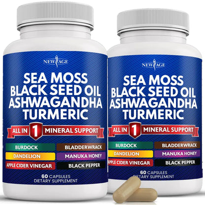 Sea Moss Black Seed Oil Ashwagandha Turmeric Bladderwrack Burdock 2PCS (Gluten Free)